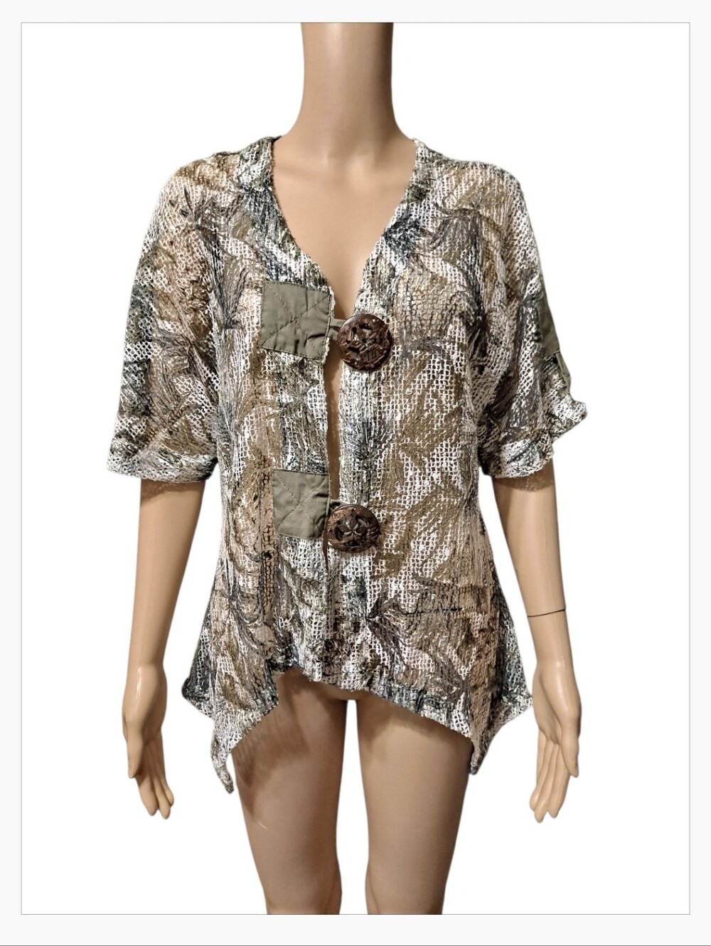 Kaktus Boho Olive & Cream Textured Mesh Semi Sheer Button-Front Top